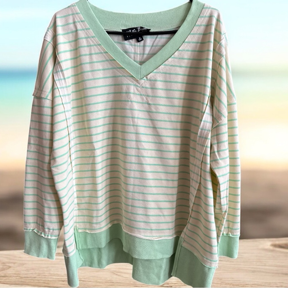 Green and White Striped V-Neck Hi/Lo Sweater